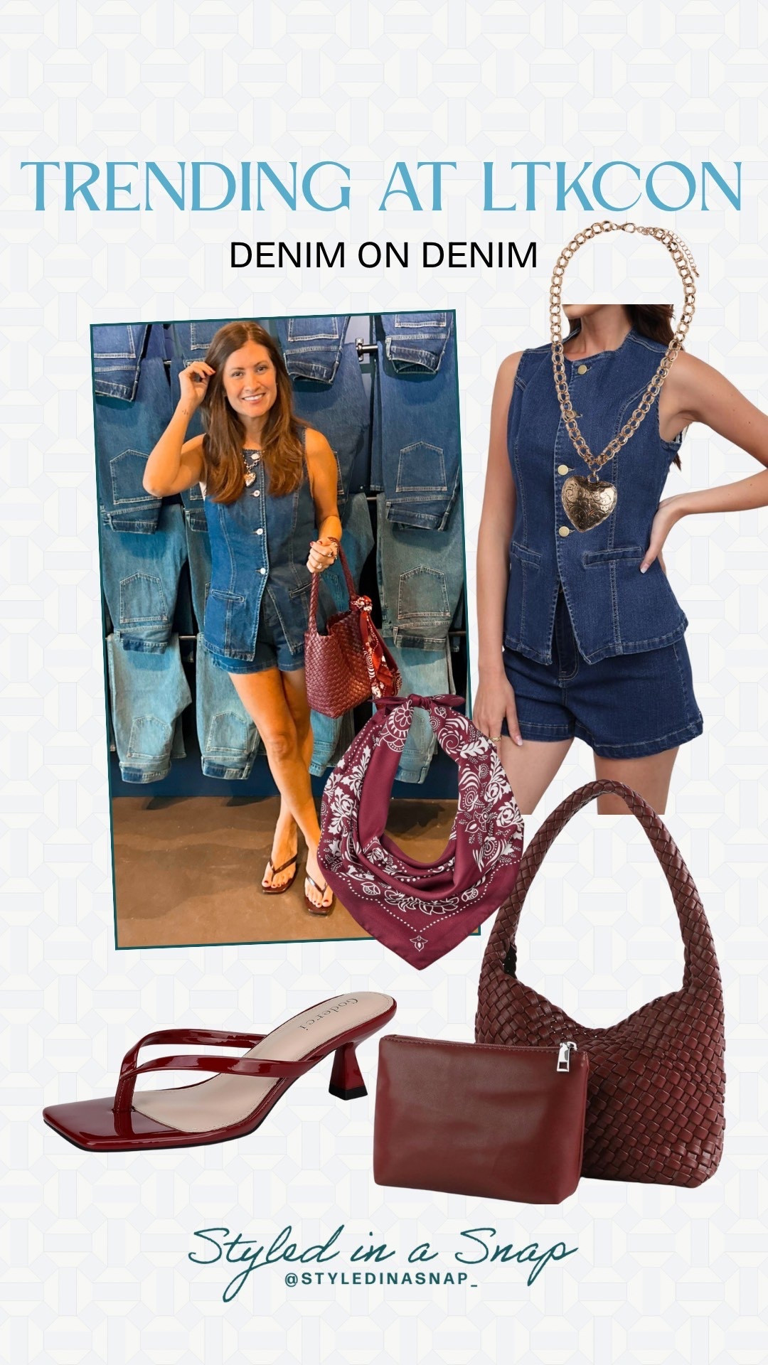 This denim on denim outfit was so perfect for LTKCON and the accessories made it even better. The burgundy bandana and handbag are so cute and I’m loving this gold necklace. Did I mention this denim outfit is part of a set from Amazon?! Affordable, stylish and comfortable are all a must for me. 

Denim set, burgundy bandana, burgundy sandals, kitten heel sandals 

#LTKStyleTip #LTKCon #LTKOver40