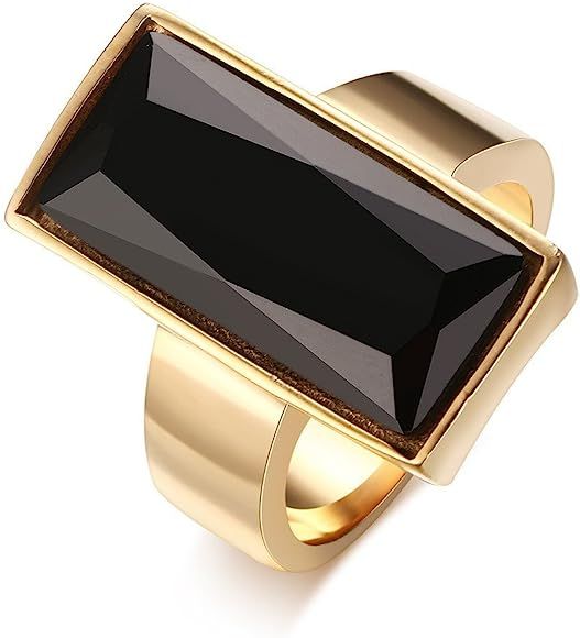 Stainless Steel Gold Plated Rectangular Black Glass Crystal Ring for Women | Amazon (US)