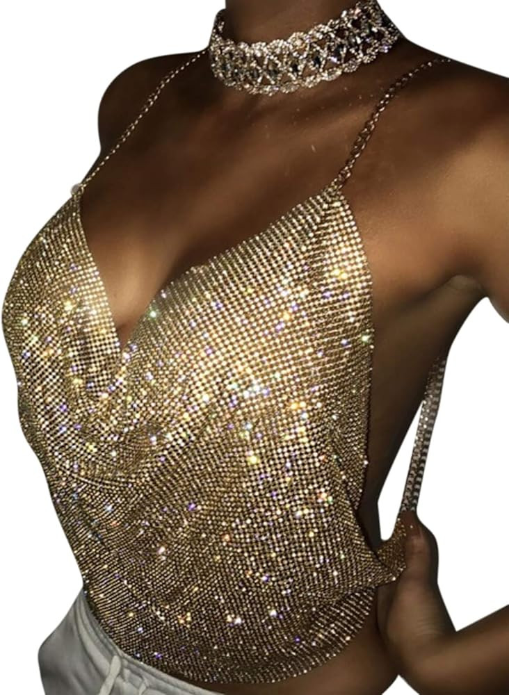 Women Sexy Shiny Rhinestone Tank Top Deep V Neck Halter Metal Body Chain Crop Top Shirt for Night Cl | Amazon (US)