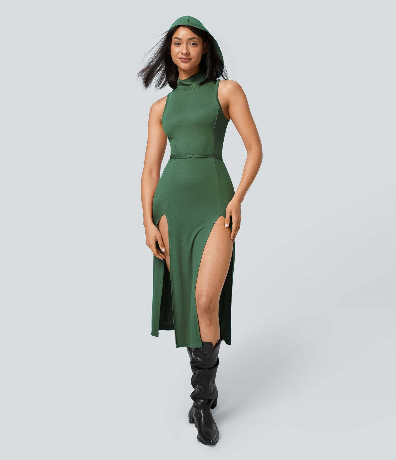 Women’s Ribbed Hooded High Neck Sleeveless Cut Out Tie Back Split 2-Piece Midi Casual Dress - H... | HALARA