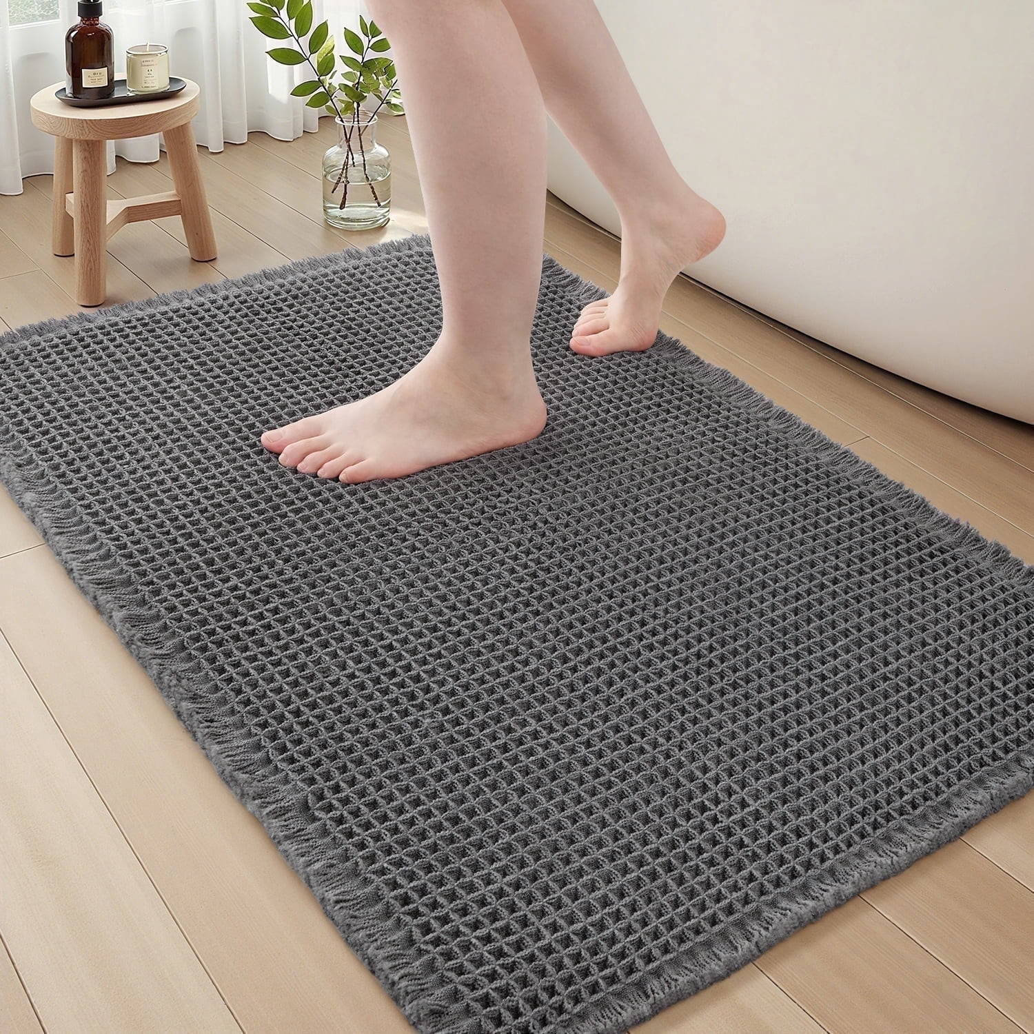 SIXHOME Bathroom Rugs Waffle Bath Rug Super Soft Absorbent Non Slip Bath Mat Beside Tub Rubber Backed Machine Washable Bathroom Rugs with Tassels Boho Bathroom Decor 17" x 24" Dark Grey - Walmart.com | Walmart (US)