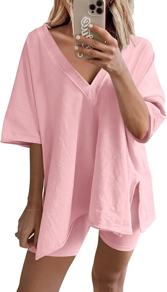 Yanekop Womens Oversized 2 Piece Outfit Sets Reversible V Neck T Shirt Biker Shorts Sports Tracks... | Amazon (US)