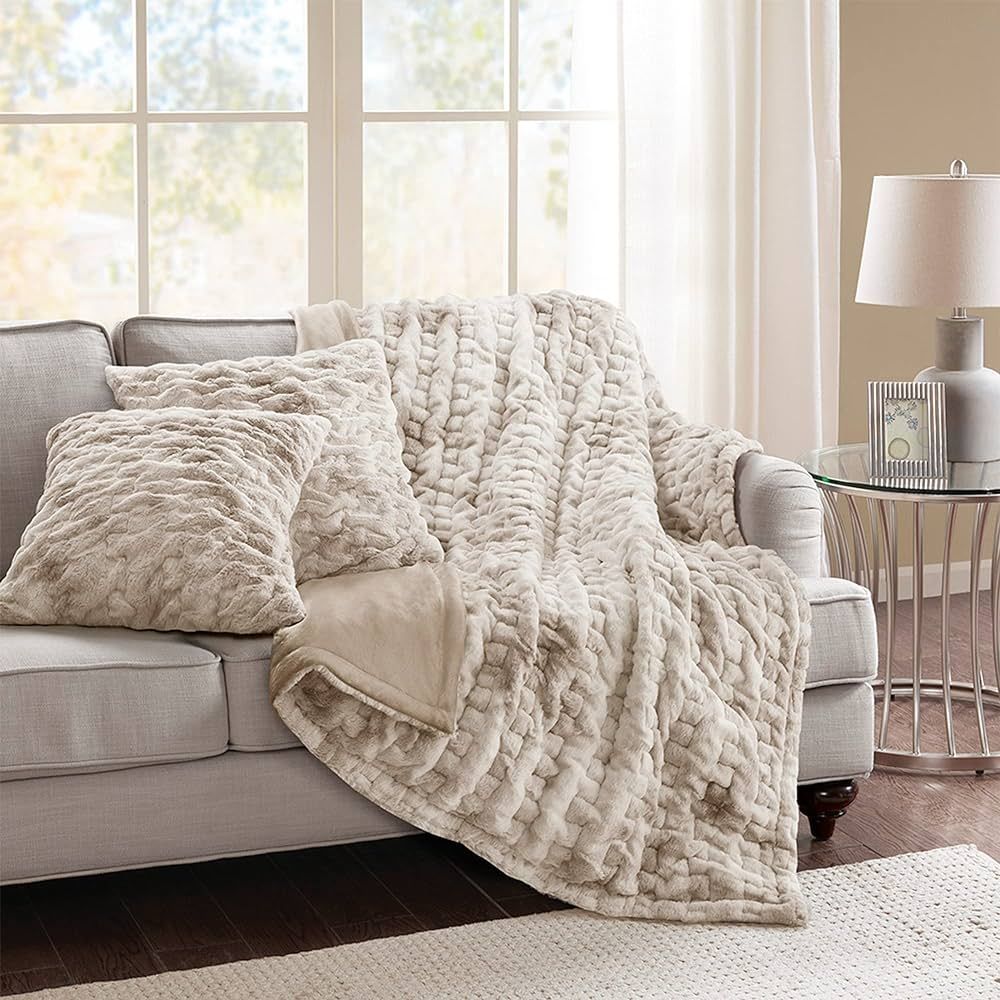 Comfort Spaces Luxurious & Fuzzy Soft Ruched Faux Fur Plush Throw Blanket Set with 2 Matching Square | Amazon (US)