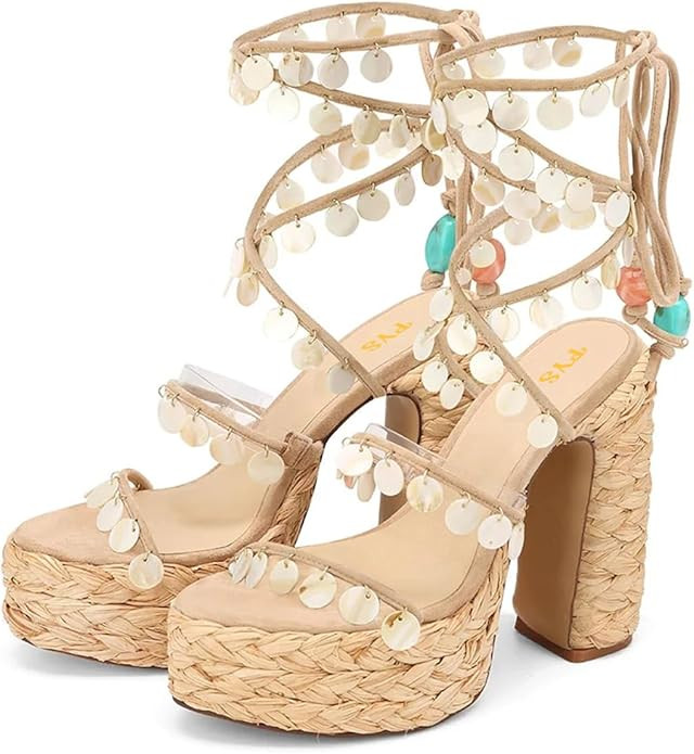 FYS Women's Strappy Platform Sandals Chunky Block High Heels Lace Up Shell Decorated Ankle Strap ... | Amazon (US)