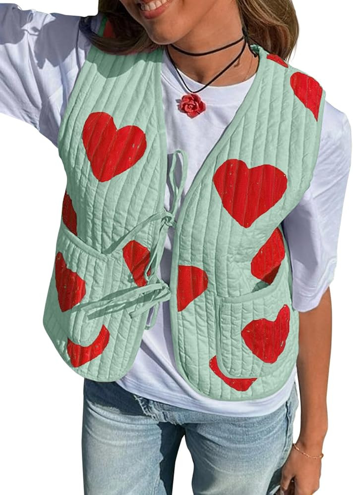 Tankaneo Womens Tie Front Quilted Vest Valentine Cropped Heart Print Sleeveless Jacket Reversible... | Amazon (US)