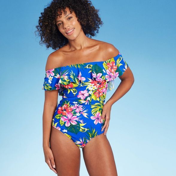 Women's Off the Shoulder Flounce High Coverage One Piece Swimsuit - Kona Sol™ Bright Blue | Target