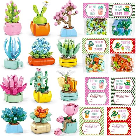 24 Pack Valentines Gifts for Kids 6-12, Succulents Flower Bouquets Building Blocks with Gift Card... | Amazon (US)