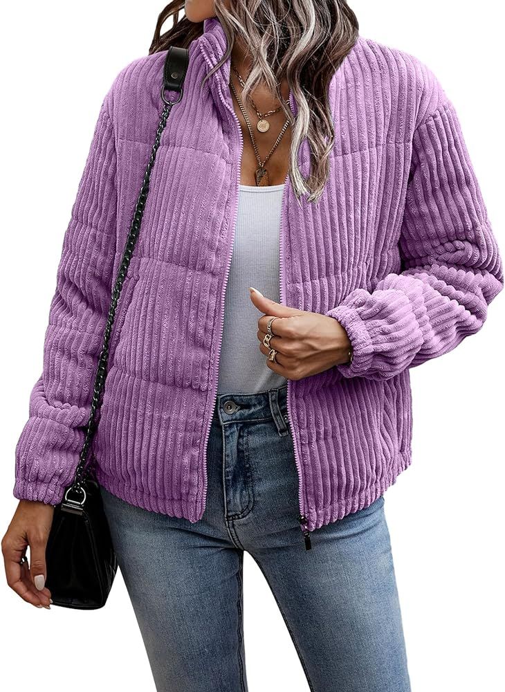 ROJZR Womens Corduroy Cropped Puffer Jacket Full Zip Lightweight Short Padded Jackets Winter Warm... | Amazon (US)