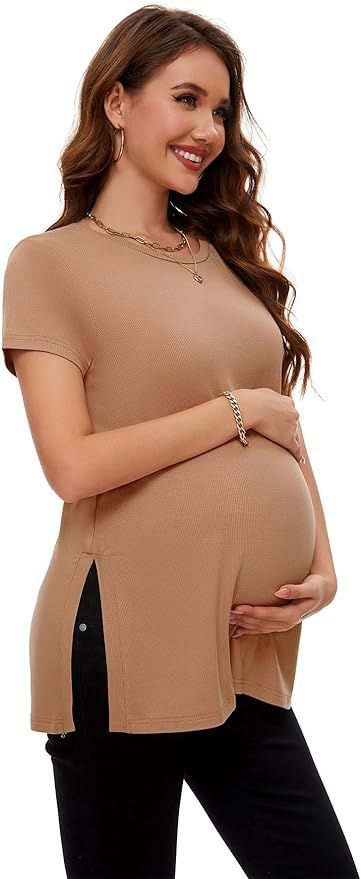 Smallshow Women's Maternity Shirt Side Split Tops Short Sleeve Pregnancy Clothes | Amazon (US)