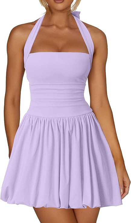 Kaximil Women's Sexy Halter Corset Mini Dress Bubble Ruched Waist Club Party Dresses with Built-i... | Amazon (US)