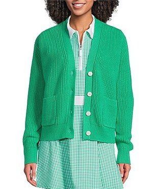 Addison Bay Clubhouse Collection Greenfield Gingham Print V-Neck Long Sleeve Cardigan Sweater - S | Dillard's