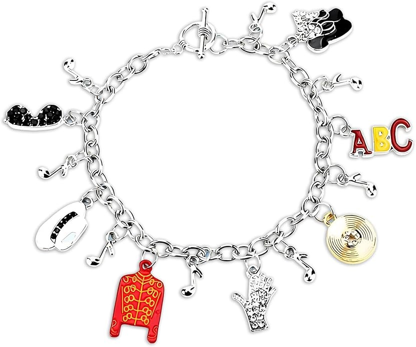 Music Inspired Charm Bracelet, Silver Chain with Red Jacket, Hat, Glove, BAD Charms, 7.29 Inch | Amazon (US)