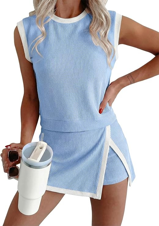 EVALESS 2 Piece Sets for Women Summer Outfits Ribbed Knit Tank Top and Split Lined Skirt Two Piec... | Amazon (US)