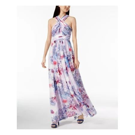 CALVIN KLEIN Womens Purple Chiffon Crisscross Gown Floral Halter Maxi Evening Dress Size: 6 | Walmart (US)