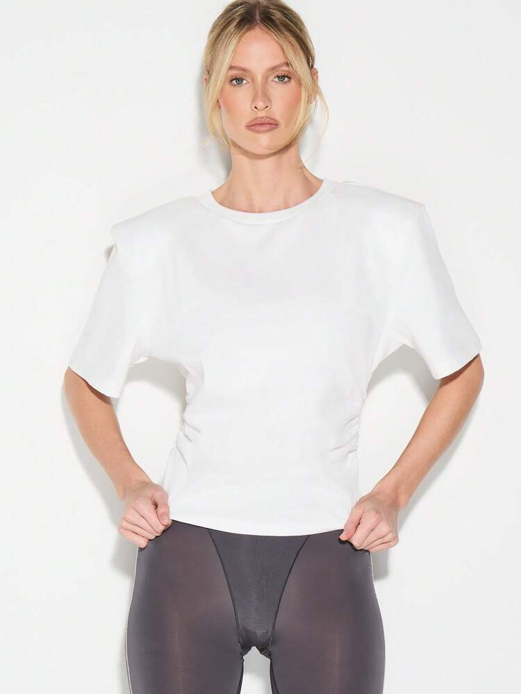 KIZN Shoulder Pad Crew Neck Short Sleeve Boxy Fit Casual Tee With Structured Details For Everyday Wear Spring Summer | SHEIN