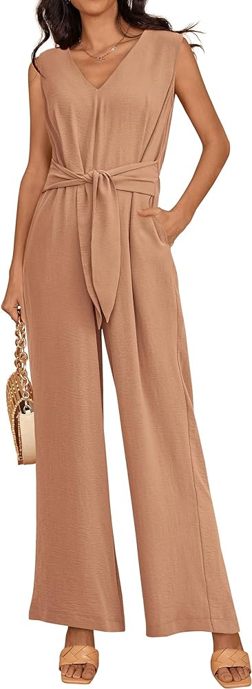 PRETTYGARDEN Casual Summer Sleeveless One Piece Jumpsuits for Women Dressy 2024 V Neck Wide Leg P... | Amazon (US)