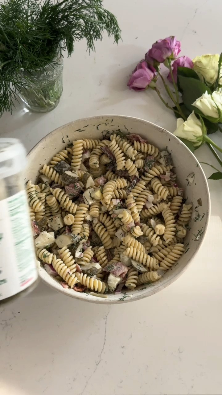 JUST TRUST ME 😂💜🥒 this salad is soooo good but the key is soaking the cooked noodles in pickle juice for at least an hour. I did 2 hours and it was amazing. We’re obsessed with this salad and it’s sooo perfect for summer! You will win everyone over at your cookouts this year 😋 recipe below! #dillpicklepastasalad 

Dill Pickle Pasta Salad 🥗🥒💜
INGREDIENTS
Salad Ingredients:
💜12 oz rotini pasta (soaked in pickle juice for at least an hour)
🥒1 cup dill pickles, chopped (or more depending on your love for pickles lol)
💜1/4 cup red onion, chopped
🥒1/4 cup fresh dill, chopped
💜6 slices bacon, cooked and chopped

Dressing Ingredients:
🥒1/2 cup mayonnaise
💜1/4 cup sour cream
🥒1/4 cup dill pickle juice
💜1 tablespoon Dijon mustard
🥒1 teaspoon garlic powder
💜1 teaspoon onion powder
🥒1 tablespoon fresh dill
💜Salt and pepper to taste

INSTRUCTIONS:
🥒mix the mayo, sour cream, dill pickle juice, Dijon mustard, garlic powder, onion powder, salt, and pepper in a mixing bowl and whisk until combined
💜Add the soaked and drained pasta to the bowl with the dressing
🥒Add the dill pickles, red onion, dill, and bacon to the pasta & stir
💜Cover & refrigerate for at least 1 hour
🥒ENJOY!