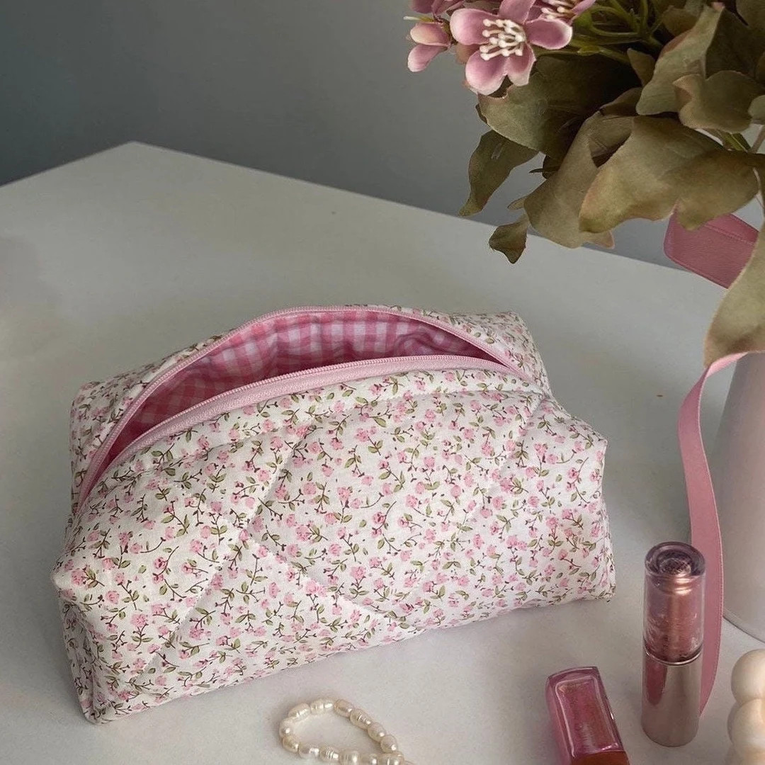 Pink Floral Makeup Bag Cute Makeup Bag Aesthetic Cosmetic - Etsy | Etsy (US)