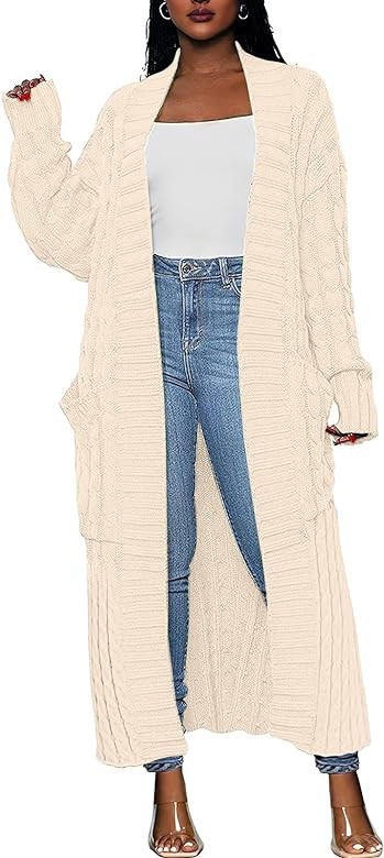 Caracilia Womens Long Cardigan Sweater Open Front Long Sleeve Chunky Cable Knit Duster Outerwear ... | Amazon (US)