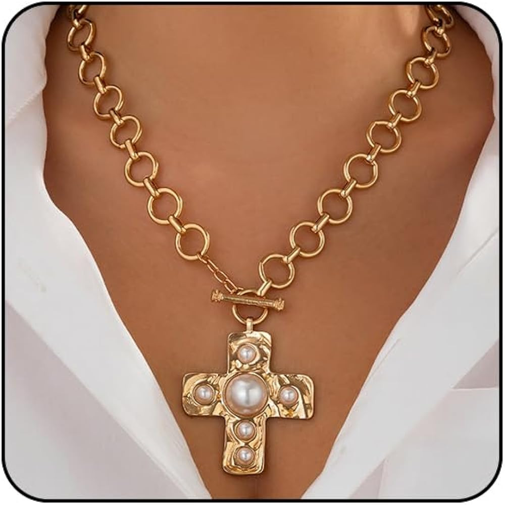 Chunky Gold Necklace for Women Trendy Chunky Cross Necklace for Women Gold Statement Necklace Sil... | Amazon (US)