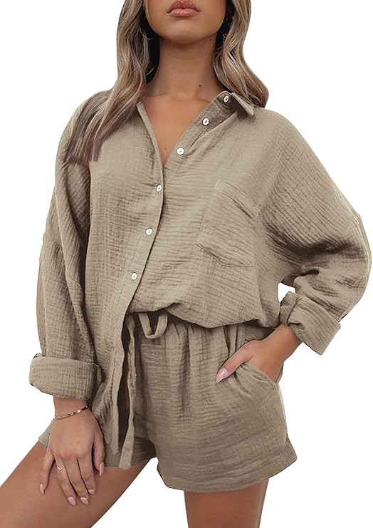 AUTOMET 2 Piece Outfits For Women Lounge Sets Pajama Sets Long Sleeve Button Down Oversized Shirt... | Amazon (US)