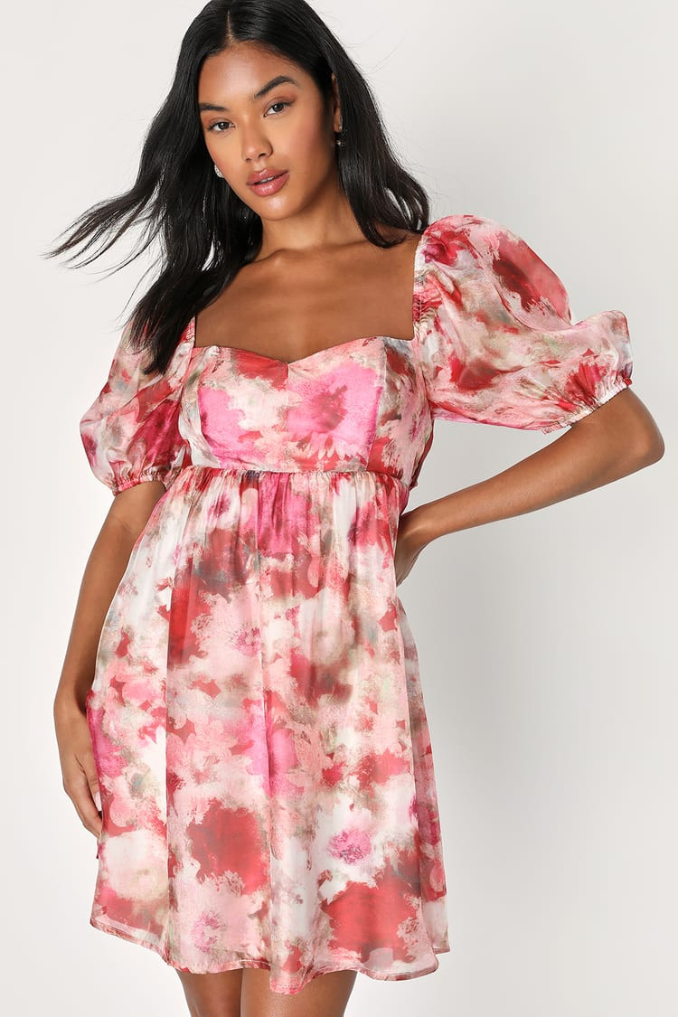 Darling Aura Pink Multi Floral Organza Babydoll Mini Dress | Lulus