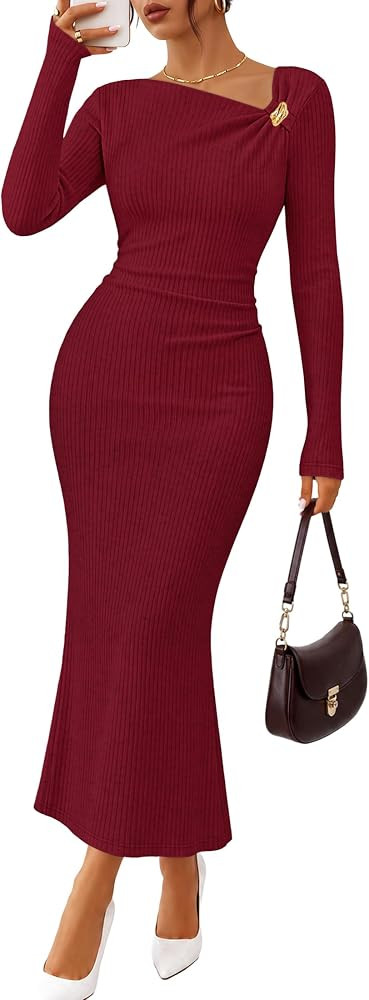 ZESICA Women's Fall Long Sleeve Ruched Work Church Formal Winter Maxi Dress | Amazon (US)