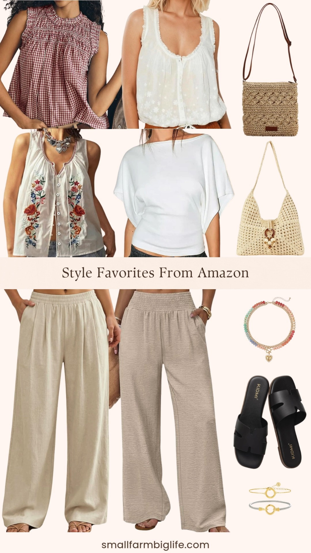 Easy summer style that looks so much more expensive than it is and every single piece is from Amazon. I love the wide leg pant trend right now and both the linen palazzo pants and the casual lounge trousers in beige are so comfortable and flattering for summer. The red gingham peplum babydoll top and the boho embroidered cami and floral top are the kind of pieces that look great tucked in or worn loose with wide leg pants or shorts. The small straw crossbody and crochet summer purse are the perfect casual bags for the season, and the layered beaded heart necklace and two tone cable bracelet set finish any summer outfit beautifully. Tap to shop! 

 #LTKgrwm #LTKootd #LTKOver40