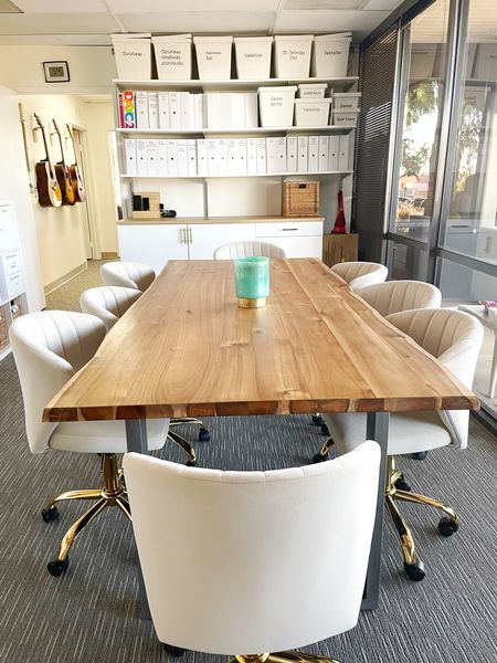 Conference room makeover!  I never met a live edge table I didn’t like.  I love these chairs too-comfy and versatile.  #office #liveedgetable #conferenceroom #officedecor 

#LTKunder100 #LTKhome #LTKunder50