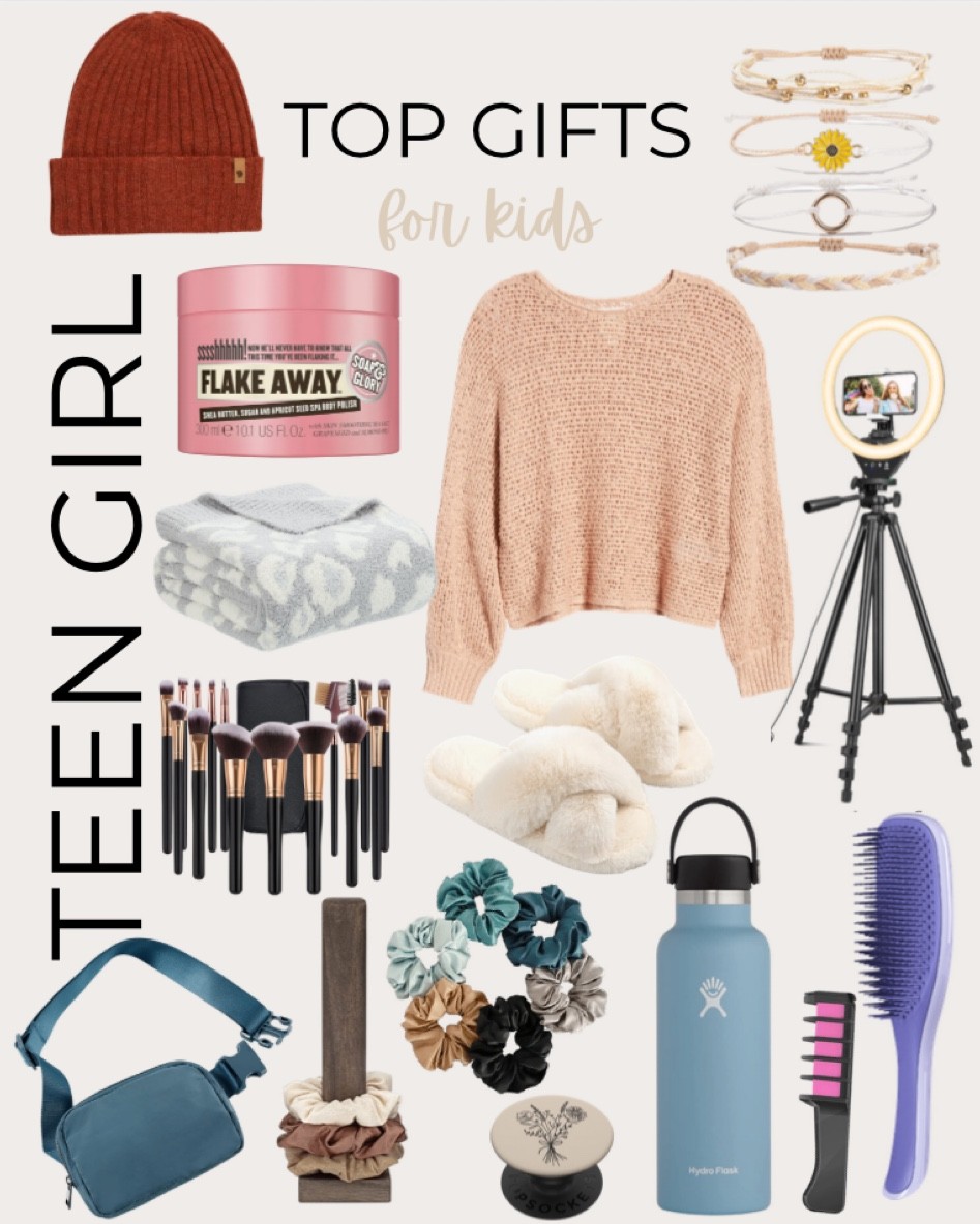 Gifts for the teen girl include Billabong Sun Dazed Slub Cotton Blend Sweater, makeup brushes, cozy throw blanket, Soap & Glory Flake Away Body Scrub, FJÄLLRÄVEN thin beanie, sunflower bracelet set, ring light, criss cross fuzzy slippers, detangling brush,  temporary hair color brush, hydro flask, scrunchie set, scrunchie organizer, and belt bag.

Gift guide, teen gifts, gifts for teens, teen girl gift, gifts for girls, gifts for kids, kids gifts, Christmas gift, teen Christmas gift, girl Christmas gift

#LTKGiftGuide #LTKkids #LTKunder100