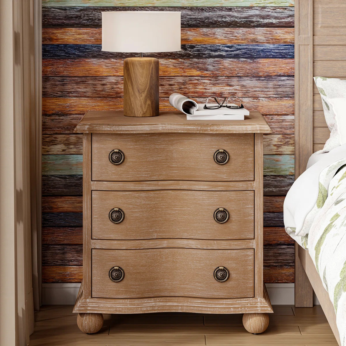 Farmhouse 3 Drawer Nightstand With Curved Front | Wayfair North America