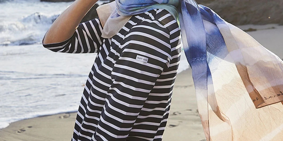 PHARE - Boat Neck Striped Tunic with Slits | Stretch fabric with UV Protection (NAVY / WHITE) | Saint James USA