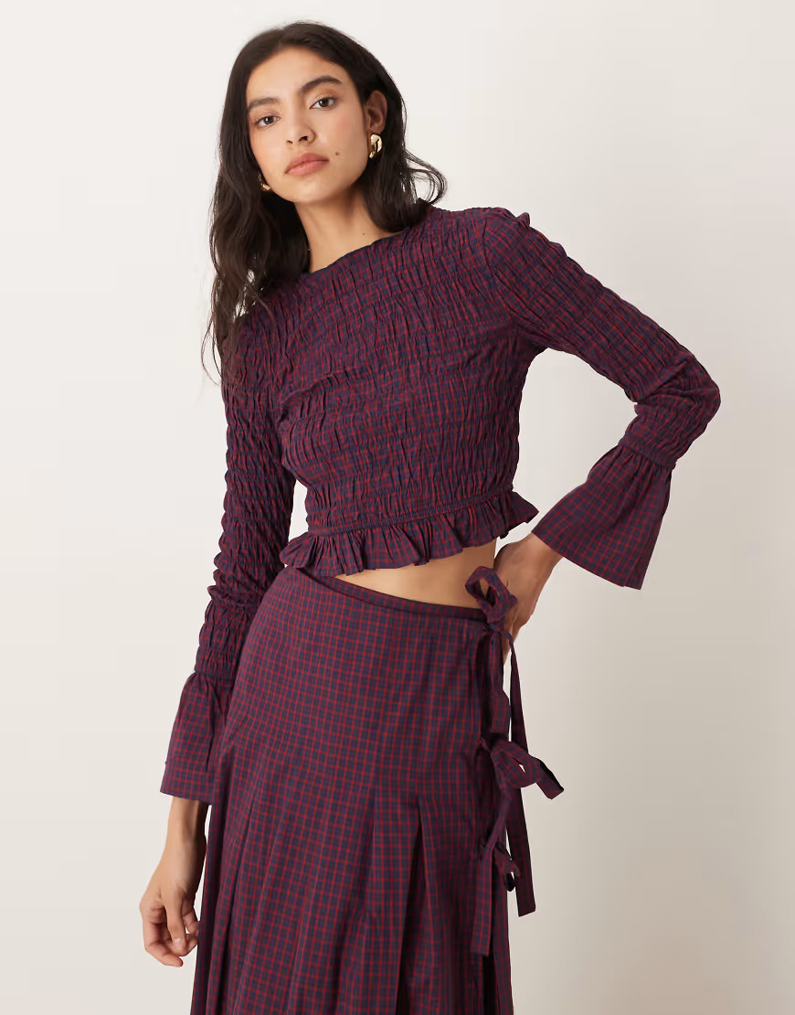 Glamorous long sleeve shirred top in red plaid - part of a set | ASOS (Global)