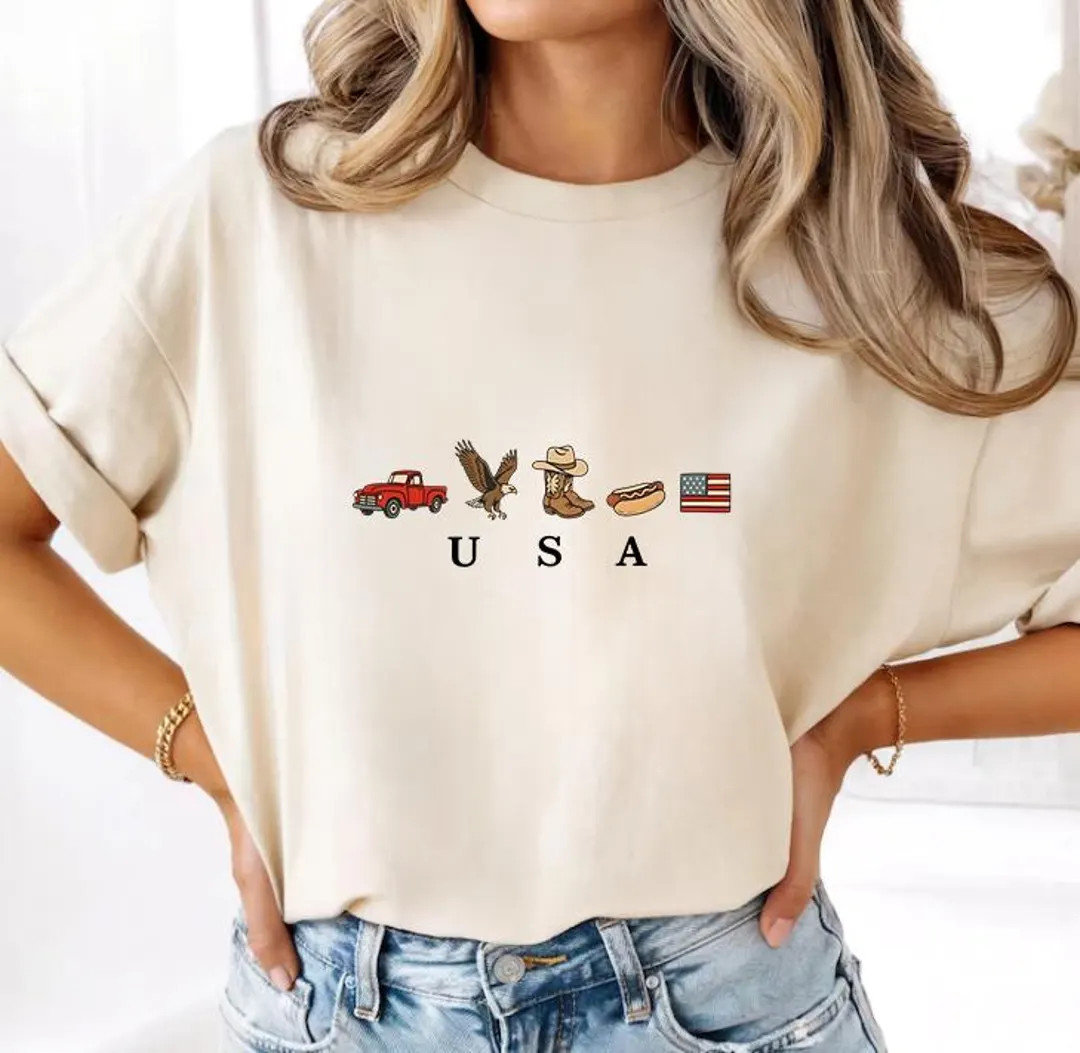 Comfort Colors USA Icons Graphic Tee, American Flag Independence Day Shirt - Etsy | Etsy (US)