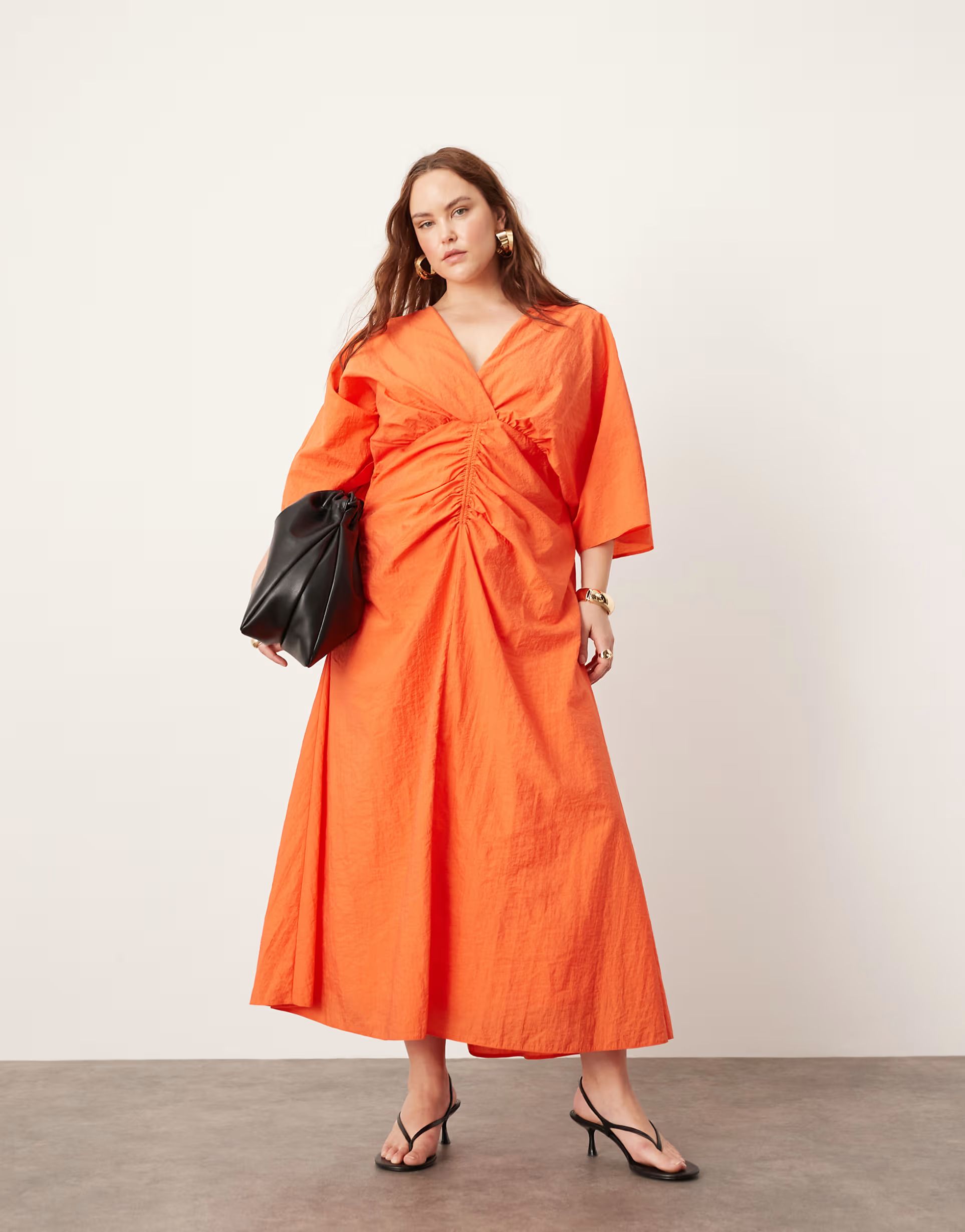 ASOS EDITION Curve textured wide sleeve midi dress with ruched waist in orange | ASOS (Global)