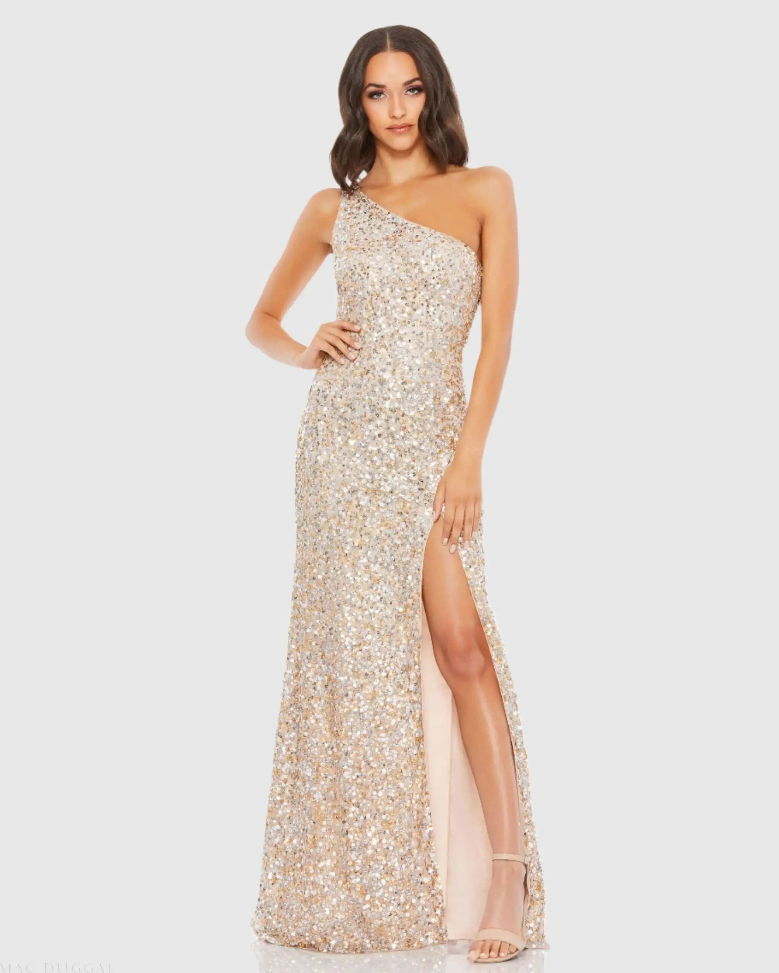 Beige Sequin One Shoulder Gown With Slit - Mac Duggal | Mac Duggal