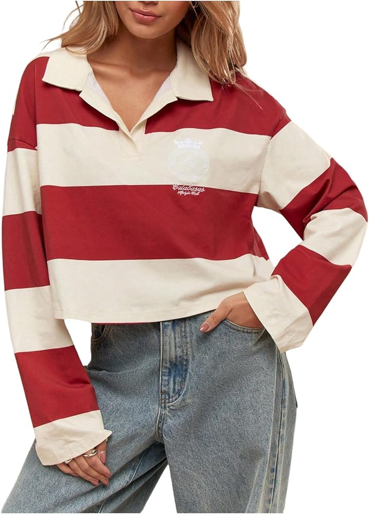 SweatyRocks Women's Rugby Shirt Striped Crop Sweatshirt Pullover Long Sleeve Tennis Cropped Tops ... | Amazon (US)