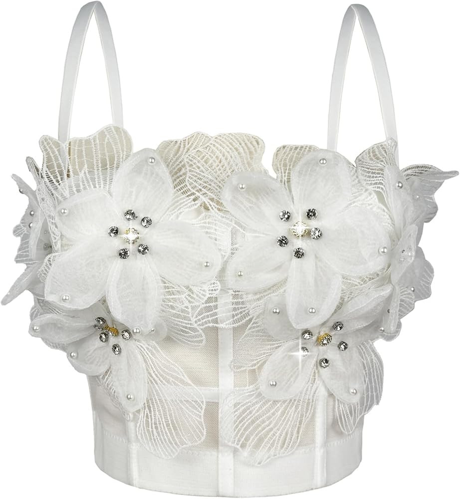 Women's 3D Flower Top Mesh Rhinestone Bustier Crop Corset Tops | Amazon (US)