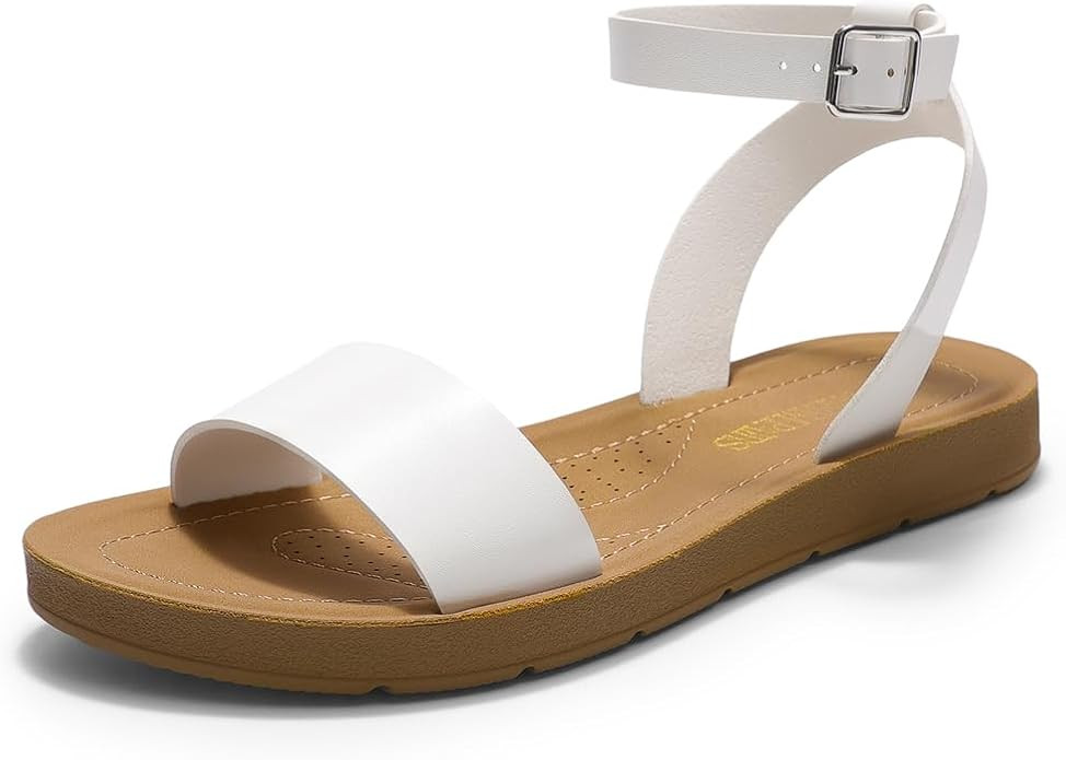 Amazon.com | DREAM PAIRS Women’s One Band Ankle Strap Buckle Flat Sandals,Size 6,White/Pu,ELENA... | Amazon (US)