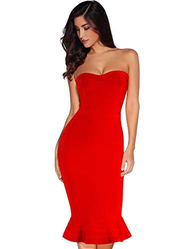 Women's Midi Cocktail Dresses Strapless Bandage Bodycon Dress Wedding Party Dress(Red Fishtail,M) | Amazon (US)