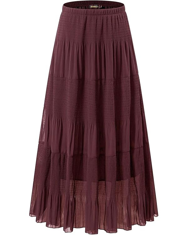 NASHALYLY Women's Chiffon Elastic High Waist Pleated A-Line Flared Maxi Skirts | Amazon (US)