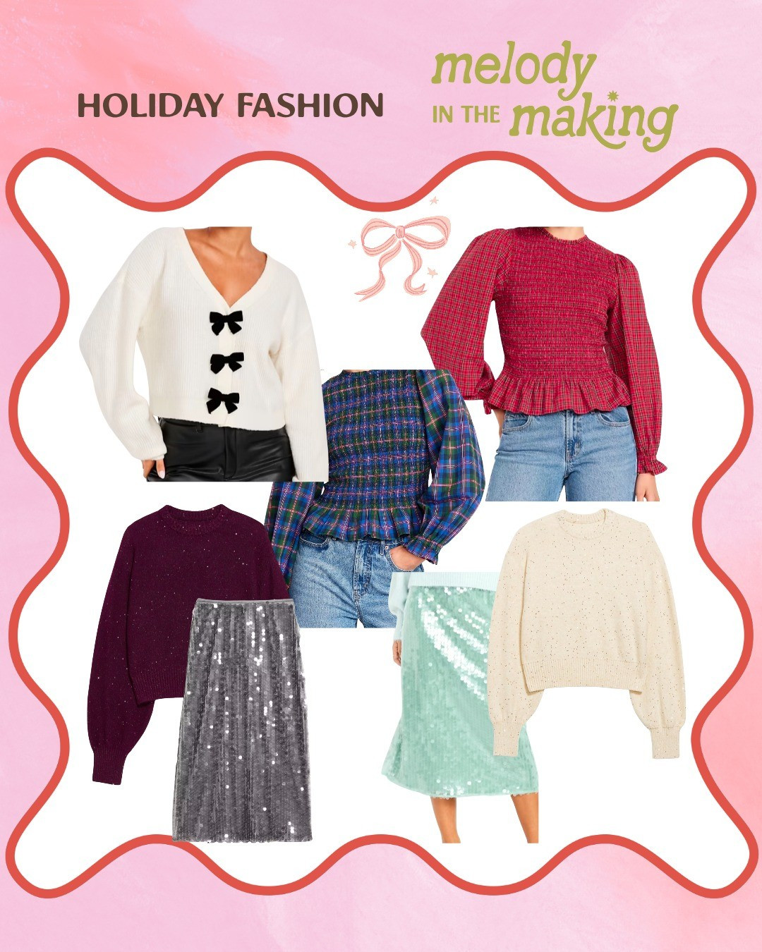 Old Navy holiday fashion! The bow sweater is so soft and the sequin skirt is perfect for holiday parties! 

#LTKHoliday #LTKMidsize #LTKSeasonal