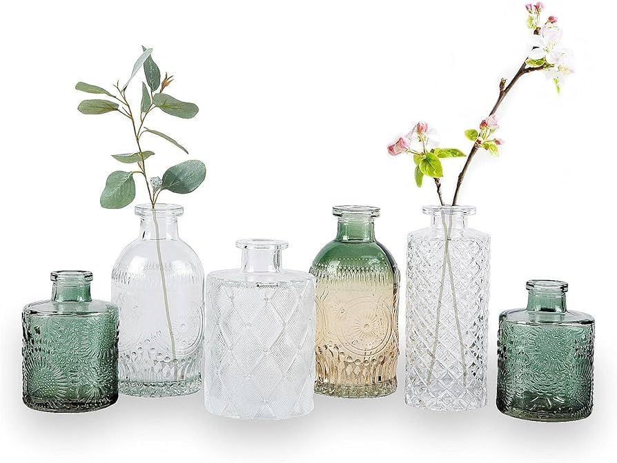 Bud Vase Set of 6, Small Flower Vases for Decorative, Gradient Glass and Embossed Vintage Style M... | Amazon (US)