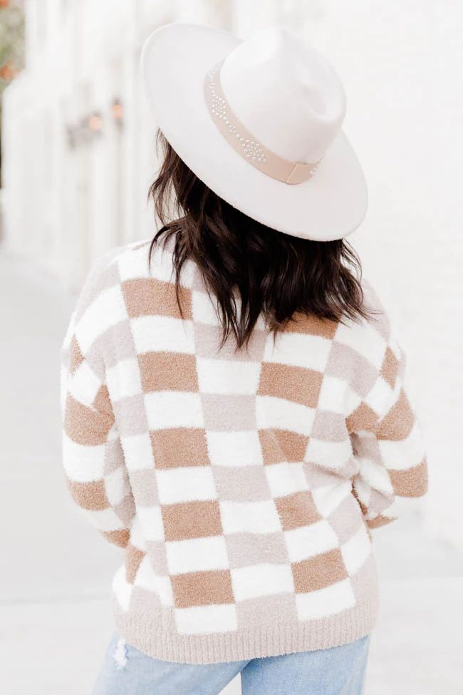 Sweet Truth Tan Fuzzy Checkered Sweater | Pink Lily