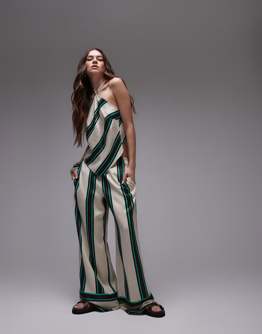 Topshop mid rise deep cuff satin pants in beige with burgundy and teal stripes - part of a set-Gray | ASOS (Global)