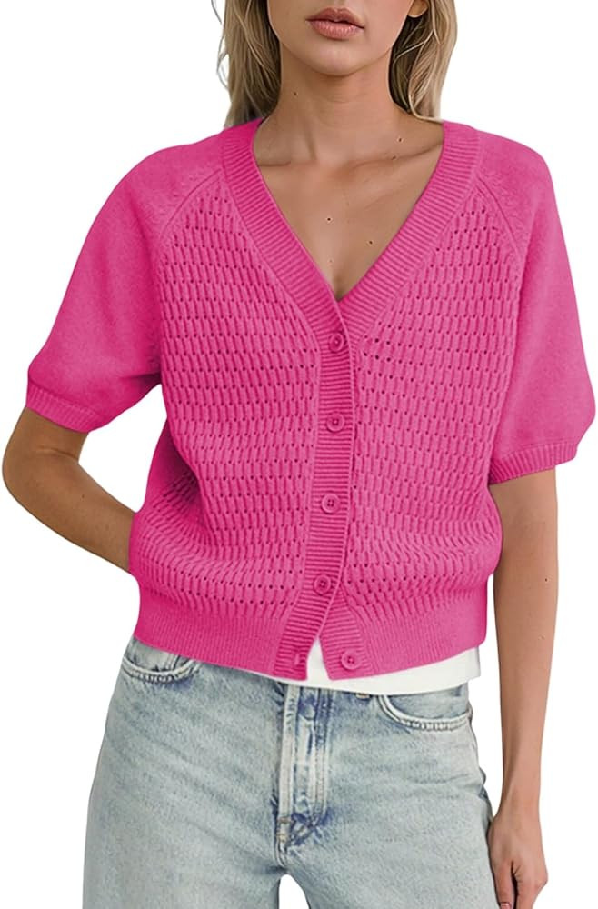 Dokotoo Womens Summer Tops 2024 Trendy V Neck Hollow Out Cropped Button Down Shirts Puff Sleeves ... | Amazon (US)