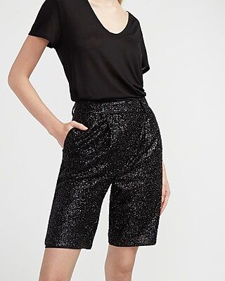 High Waisted Sequin Bermuda Shorts | Express