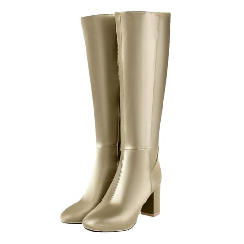 ticticlily Stiefeletten Damen Warme Lange Stiefel Hohe Boots Elegante Sexy Runde Zehe Plattformen High Heel Cowboystiefel Frauen Herbst Winter Reißverschluss PU Lederstiefel A Gold 38 EU | Amazon (DE)