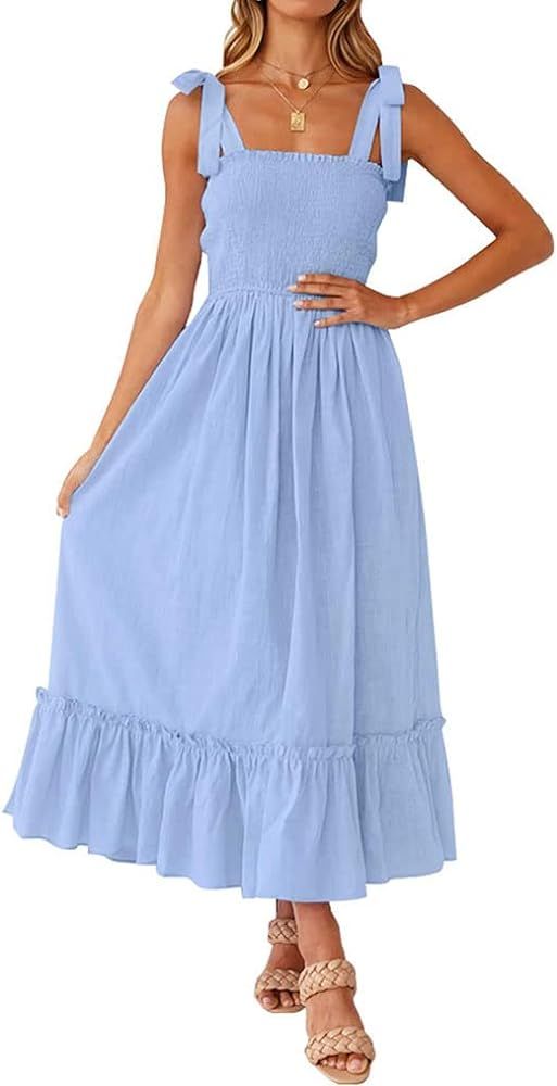 Tobrief Women's Boho Dress Summer Spaghetti Strap Square Neck Flowy Ruffle Beach Long Maxi Dress | Amazon (US)