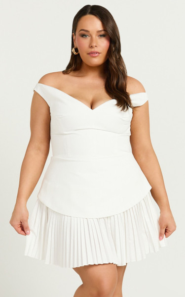 Izara Mini Dress - Off Shoulder Pleated Dress in Off White | Showpo (US, UK & Europe)